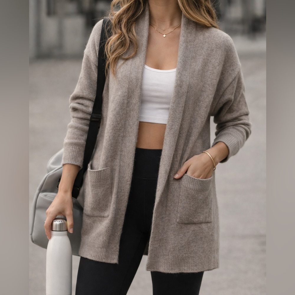 Athleta Wool Cashmere Open Cardigan Taupe Cozy Minimalist Sweater XXS